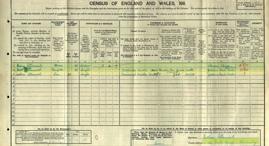 Arthur Allanach 1911 Census