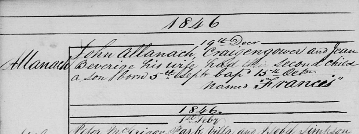 Francis Allanach birth record 1846