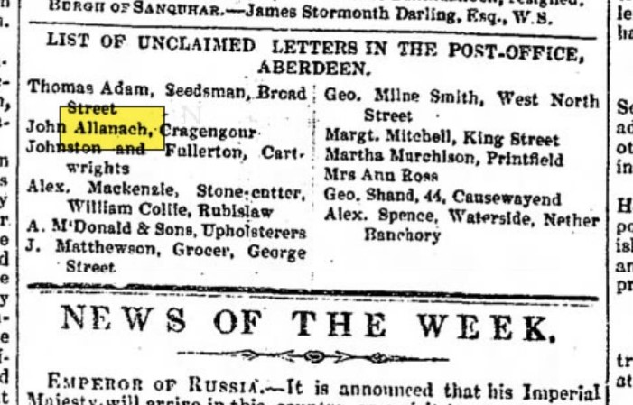 Unclaimed mail John Allanach Aberdeen Journal01 May 1844