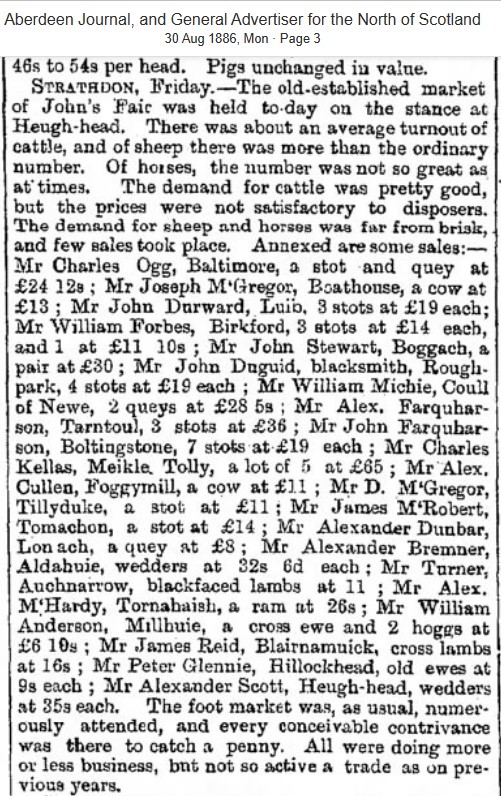 1886 30 Aug Johns Fair livestock prices Blairnamuick