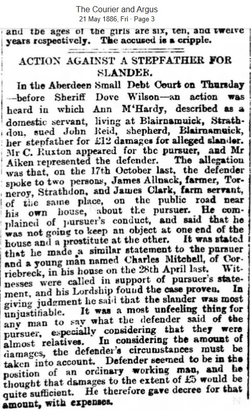 21 May 1886 Slander case Ann McHardy Blairnamuick